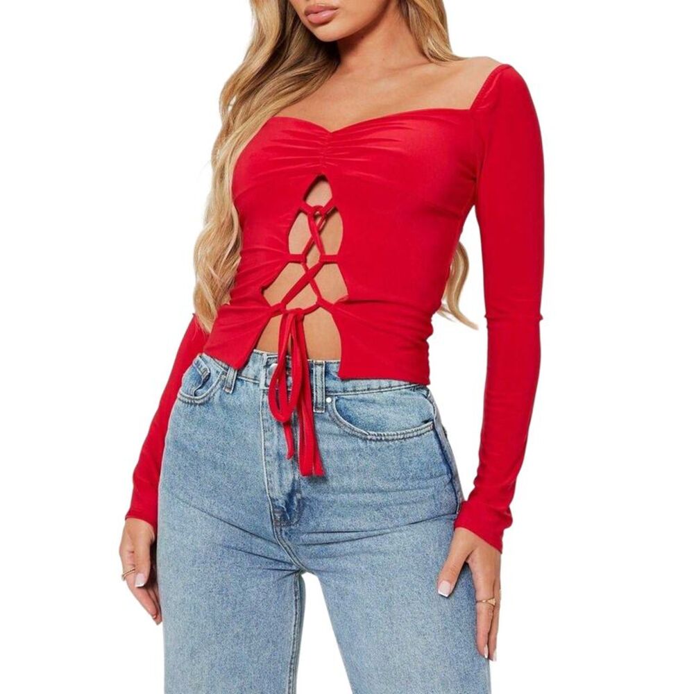 I Saw It First Womens/Ladies Lace Up Double Layered Ruched Bust Crop Top / Red